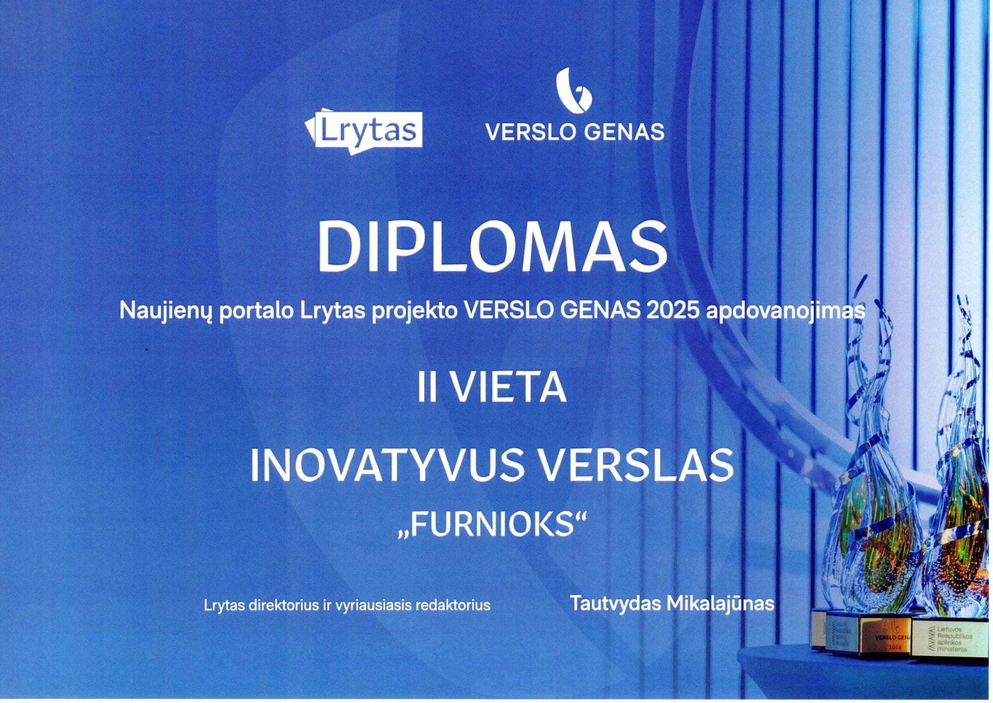 Verslo Genas Apdovanojimas 2025 diplomas — II Vieta, Inovatyvus Verslas, įteiktas FurniOx (Naujienų portalo Lrytas)