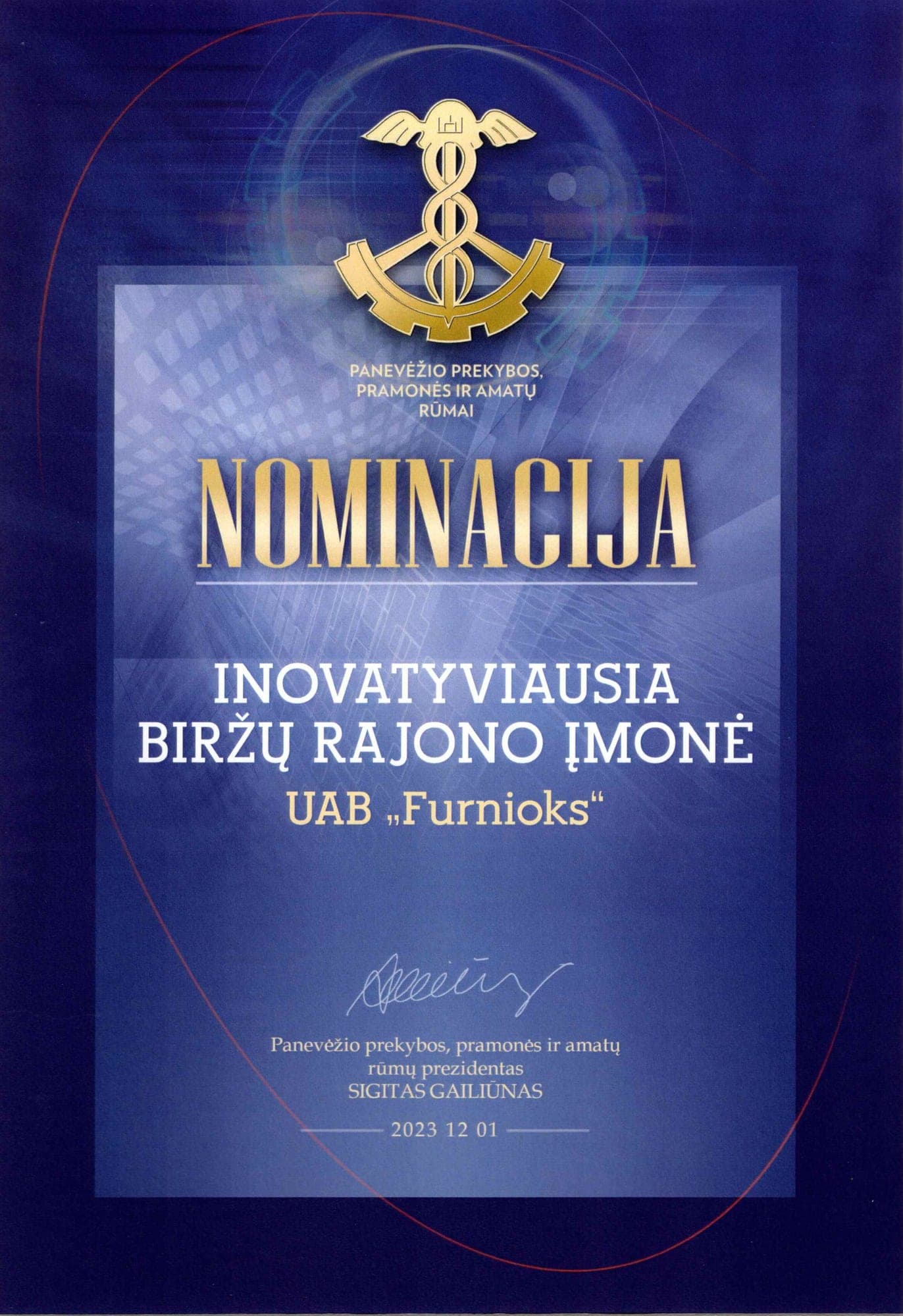 Prekybos, Pramonės ir Amatų Rūmų Apdovanojimas 2023 diplomas — Inovatyviausia Biržų Rajono Įmonė, įteiktas FurniOx (Panevėžio prekybos, pramonės ir amatų rūmai)